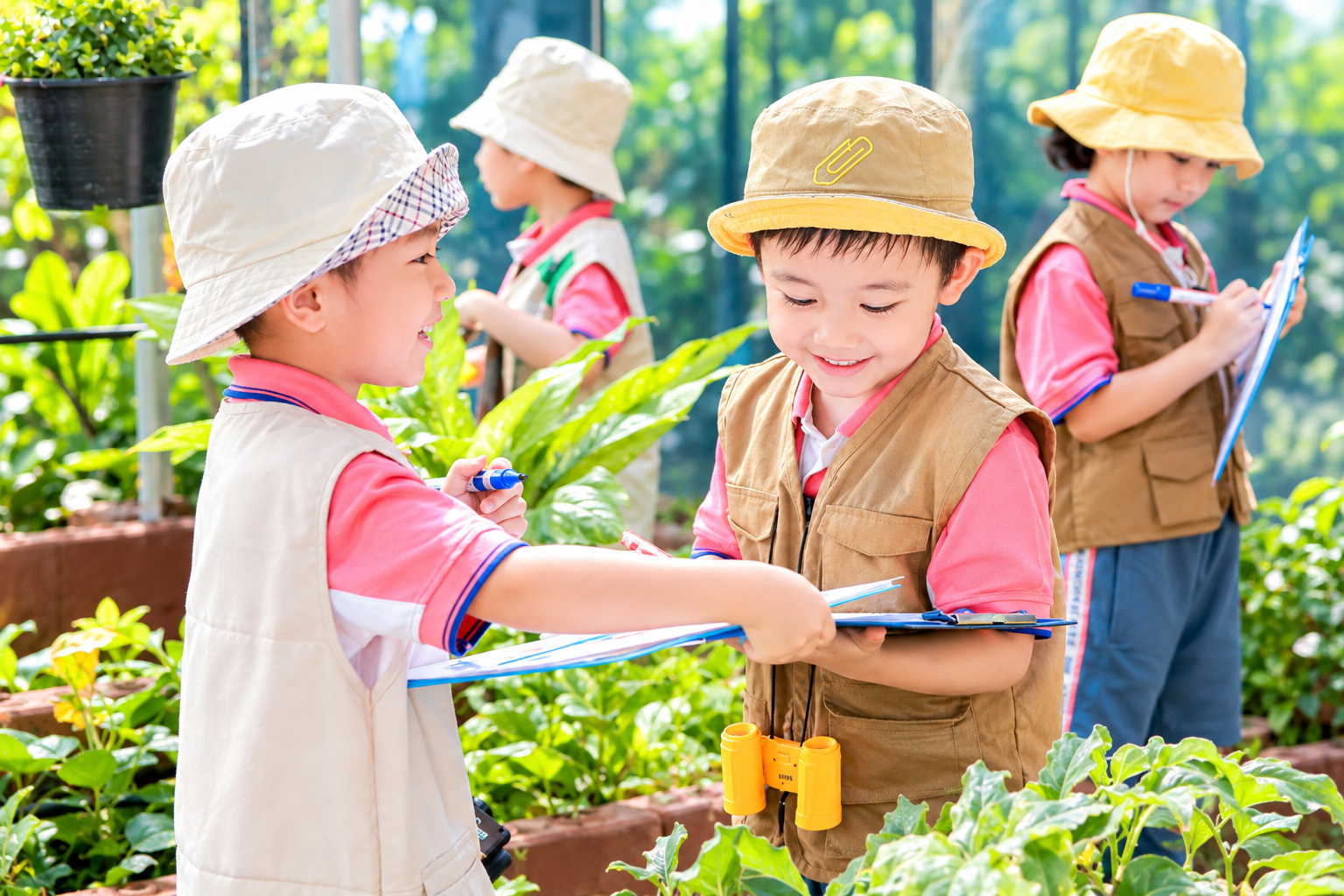 Children exploring art, music and discovery activities